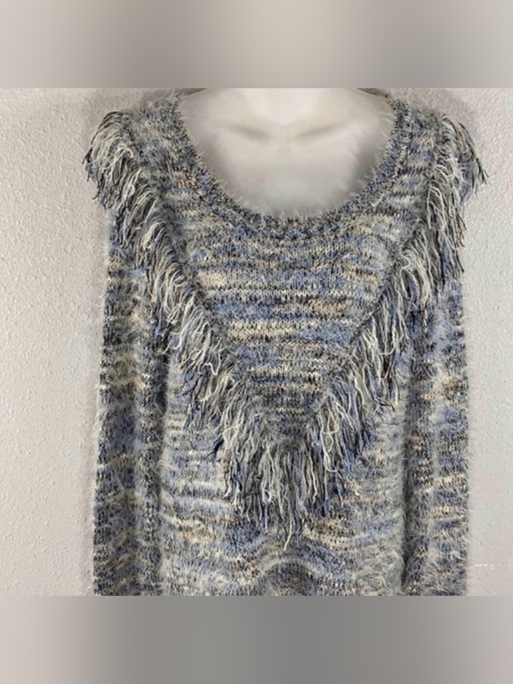 Gianni Bini Space Dye Fringe Eyelash Fuzzy Knit Sweater Dress Tunic L Blue Grey - Picture 9 of 10